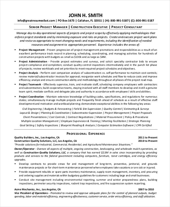 Project Manager Construction Project Manager Resume Project Manager Construction Project Manager Resume