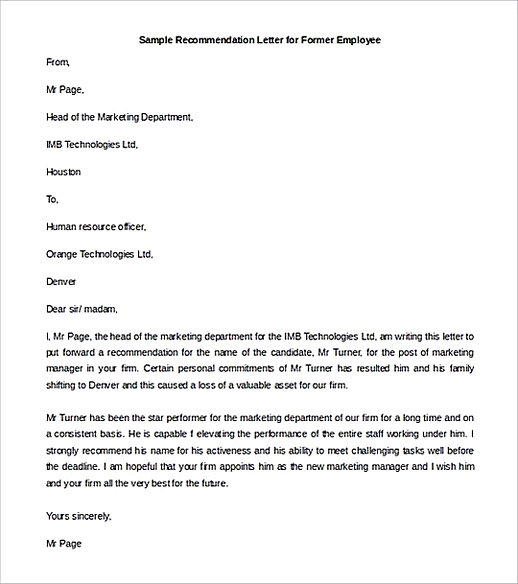 Recommendation Letter for Former Employee templates Example Recommendation Letter for Former Employee templates Example