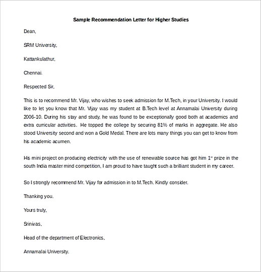 Recommendation Letter for Higher Studies Word Format 1 Recommendation Letter for Higher Studies Word Format 1