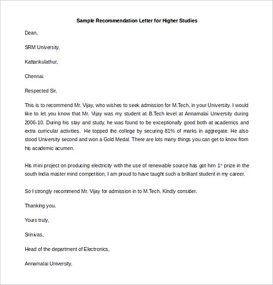 Recommendation Letter for Higher Studies Word Format Recommendation Letter for Higher Studies Word Format