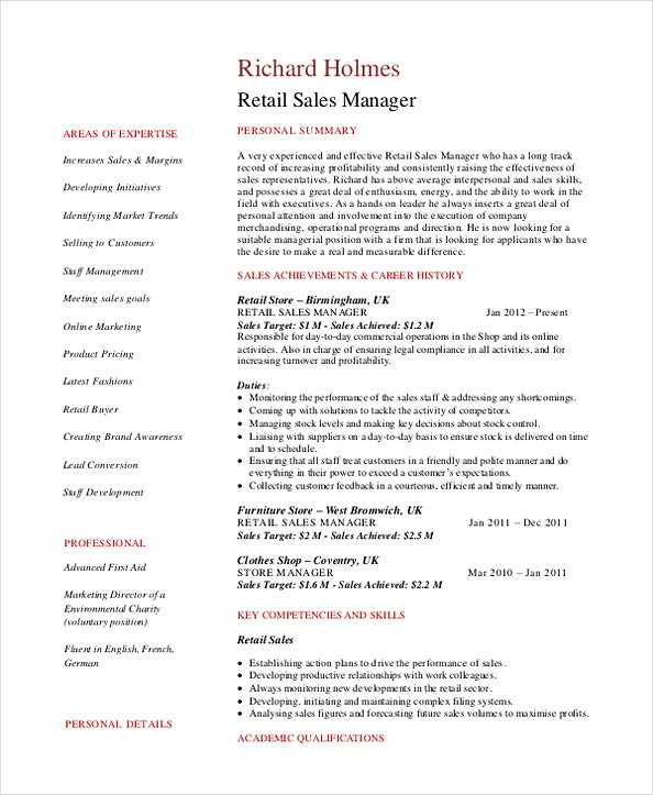 Retail Sales Manager Resume Retail Sales Manager Resume