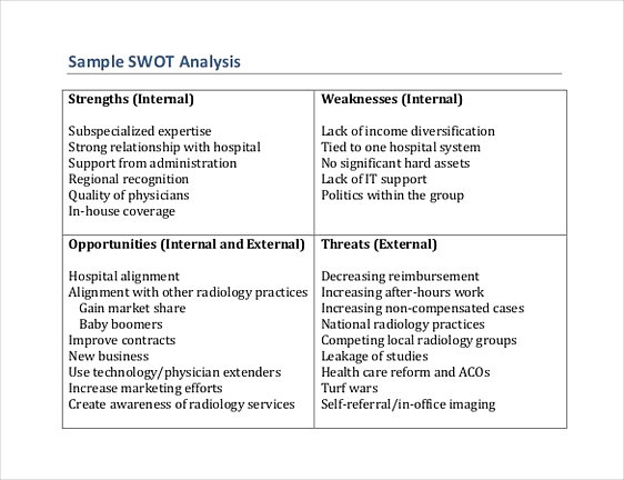 SWOT Analysis Example for Healthcare 1 SWOT Analysis Example for Healthcare 1
