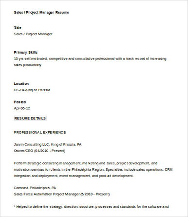 Sales Project Manager Resume Sales Project Manager Resume