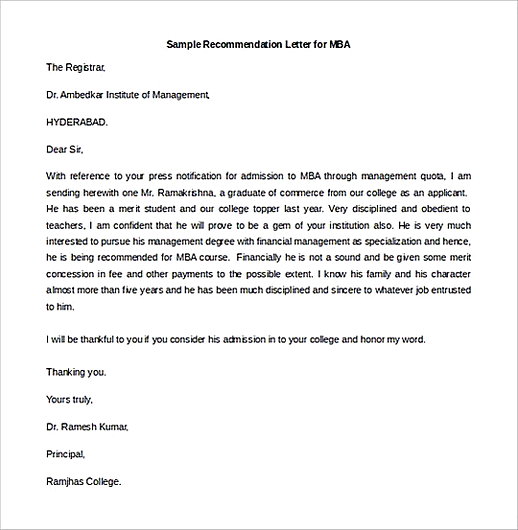 Sample Recommendation Letter for MBAEditable Sample Recommendation Letter for MBAEditable