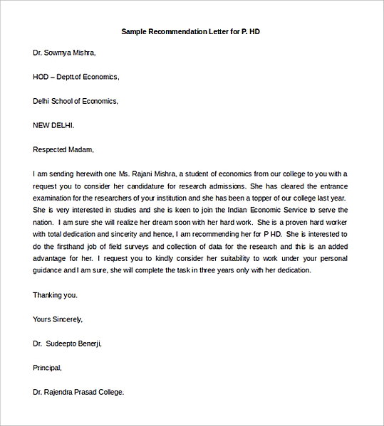 Sample Recommendation Letter for P.HD Sample Recommendation Letter for P.HD