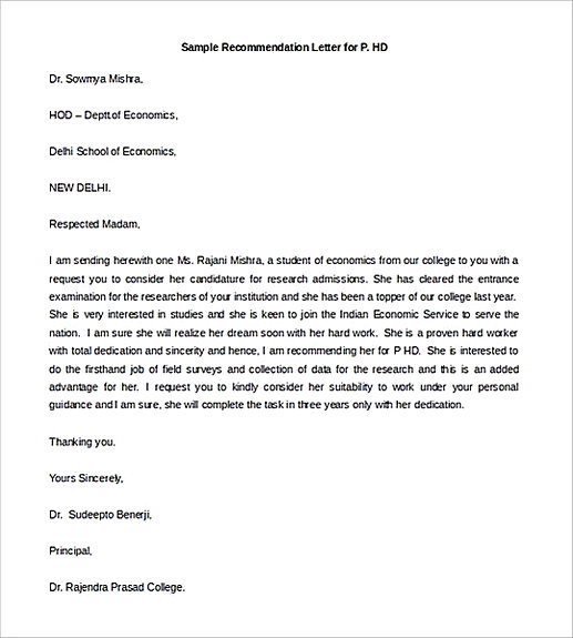 Sample Recommendation Letter for P.HD 1 1 Sample Recommendation Letter for P.HD 1 1
