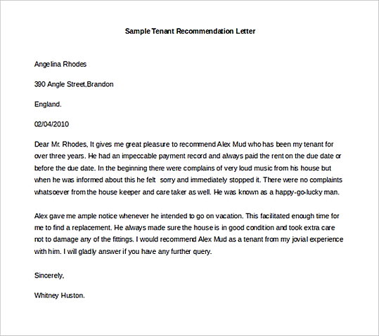 Sample Tenant Recommendation Letter Word Format Sample Tenant Recommendation Letter Word Format
