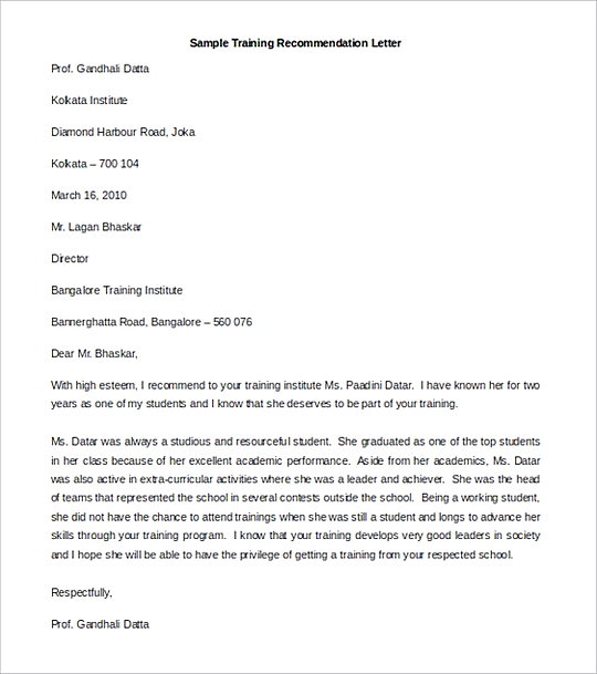 Sample Training Recommendation Letter templates Sample Training Recommendation Letter templates