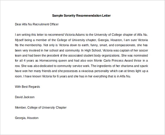 Sorority Recommendation Letter templates MS Word Sorority Recommendation Letter templates MS Word