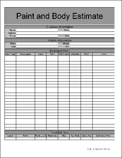 Free Basic Paint and Body Estimate Form from Formville
