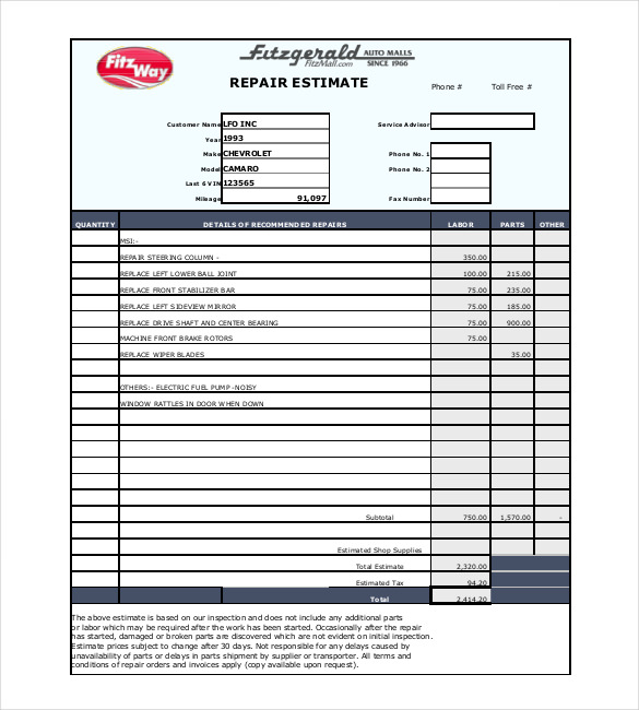 auto repair estimate form template