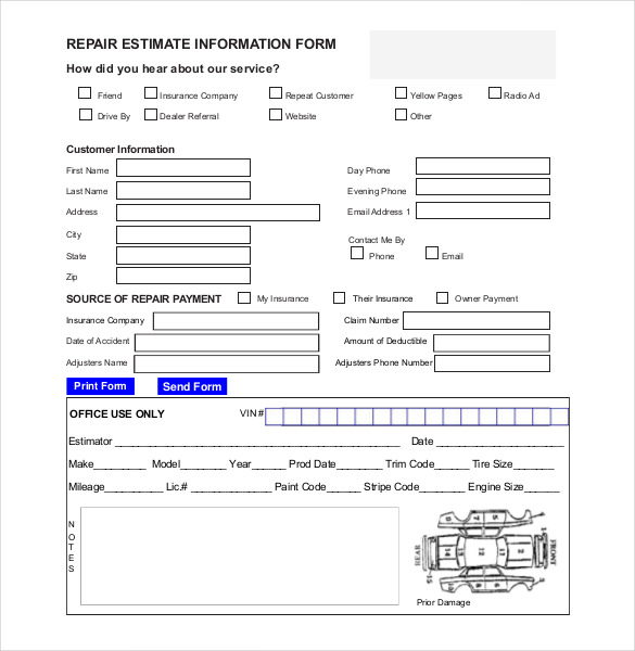 Auto Repair Estimate Form Pdf | Chakrii