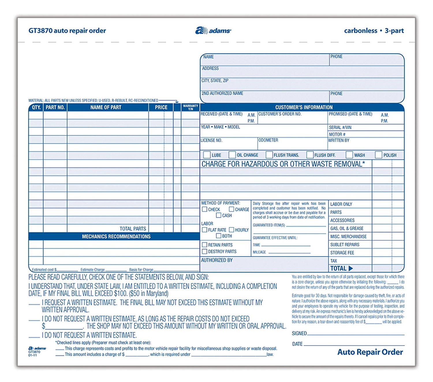 Personalized Auto Repair Forms, Vehicle Inspection forms
