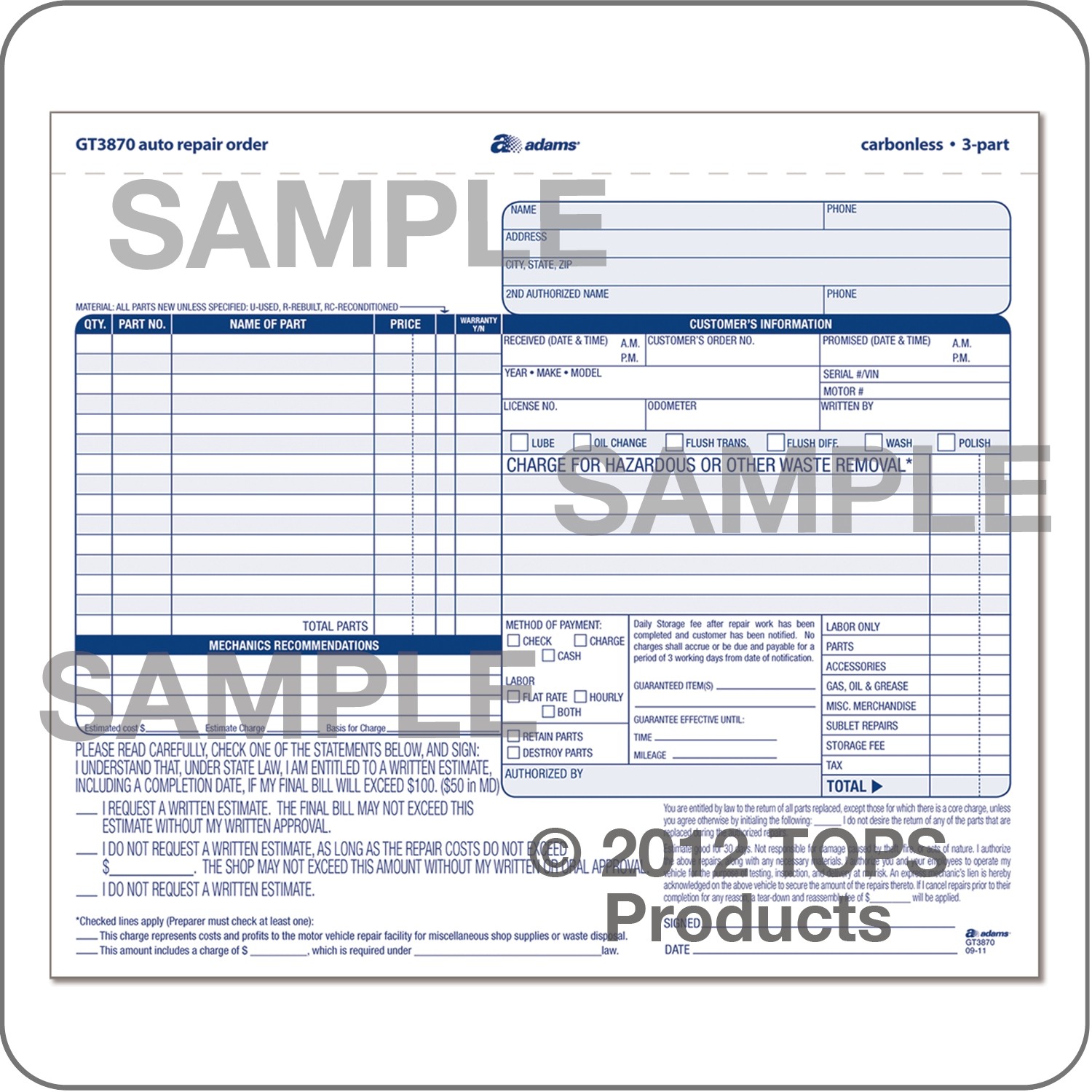 Work Order Forms Auto Repair With Carbon 3 Part 8 12 x 7 Box Of 
