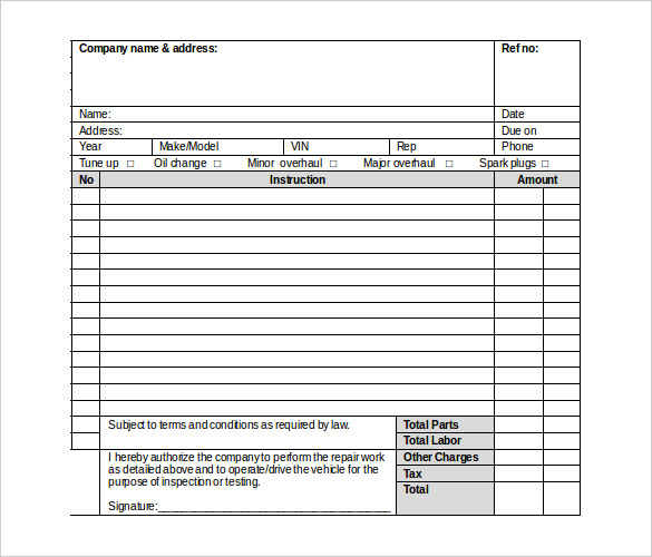 mechanic work order template word   Gecce.tackletarts.co