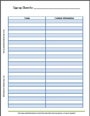 Free Printable Blank Sign up Sheet | Student Handouts