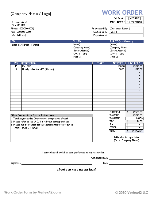 Editable Blank Work Order Form And Template Sample For Ms Word Or 