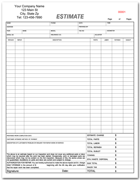 Collection of Solutions for Body Shop Estimate Form Template With 