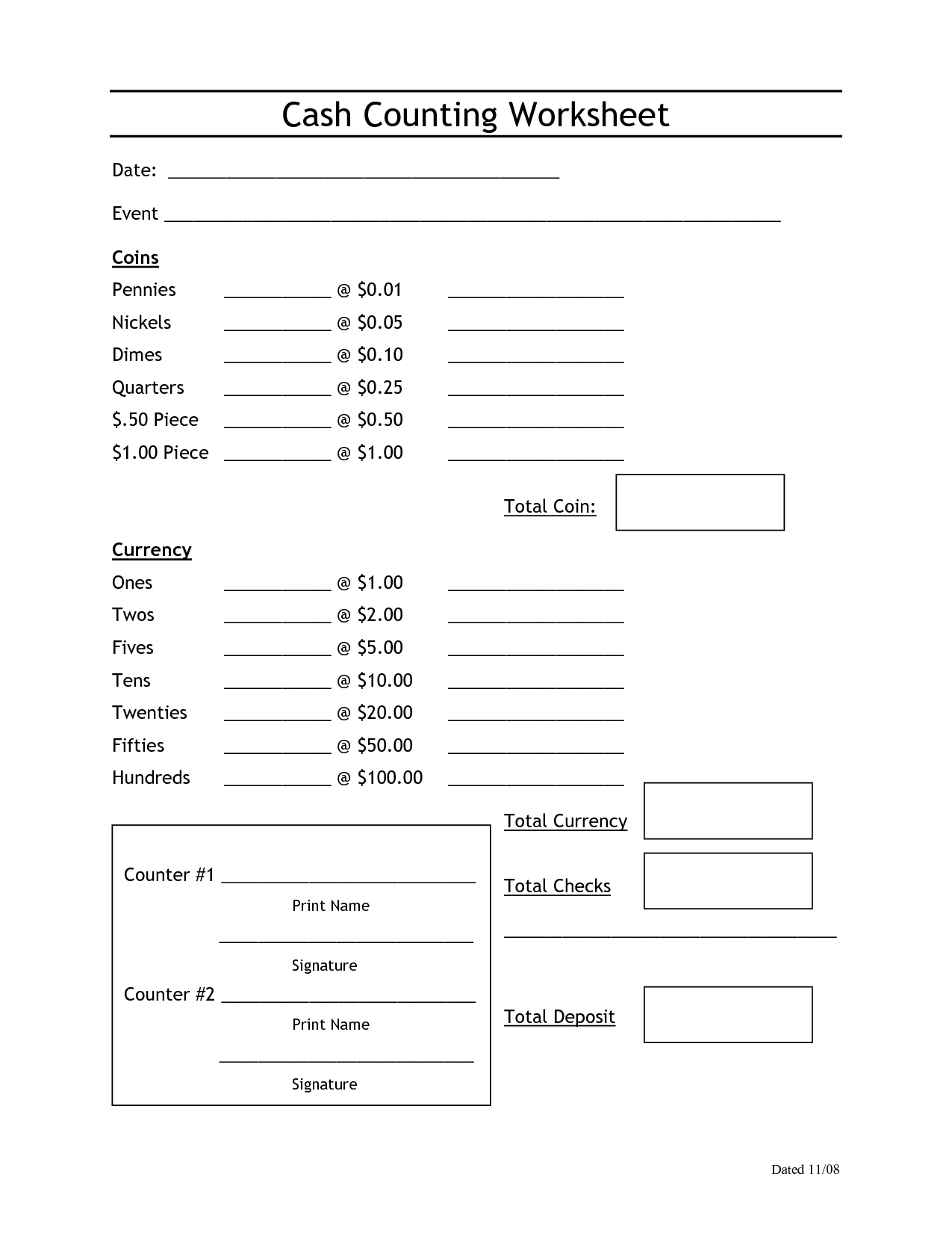 Cash Register Count Sheet Template | Printing | Pinterest | Count 