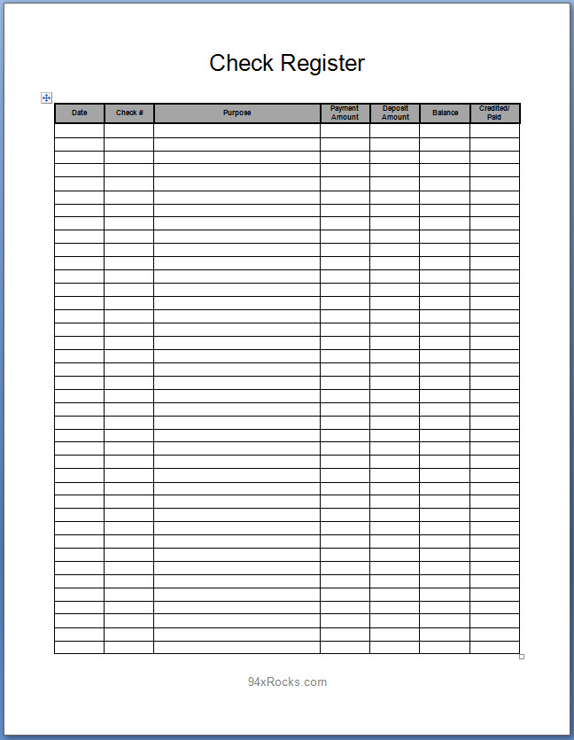 Full Page Check Register Template