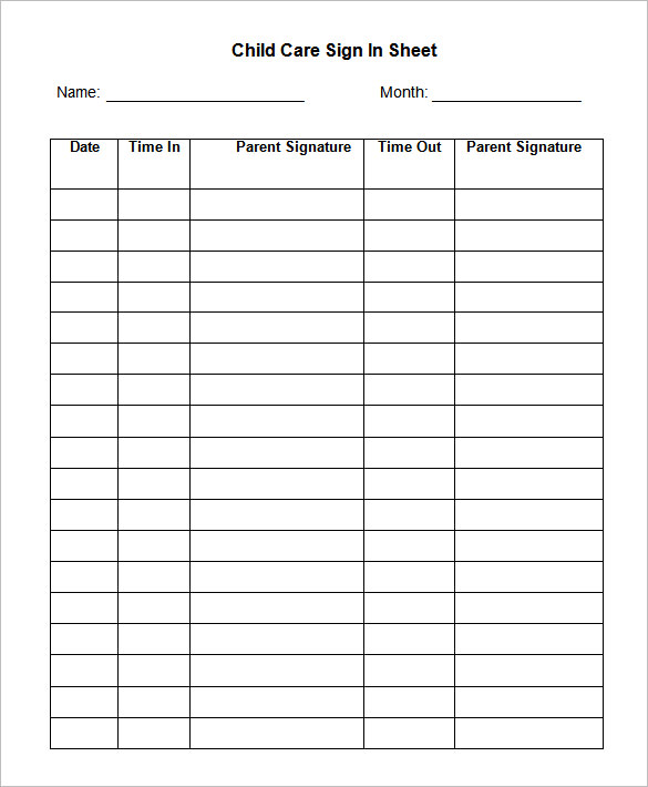 9 Free Sample Child Care Sign In Sheet Templates   Printable Samples