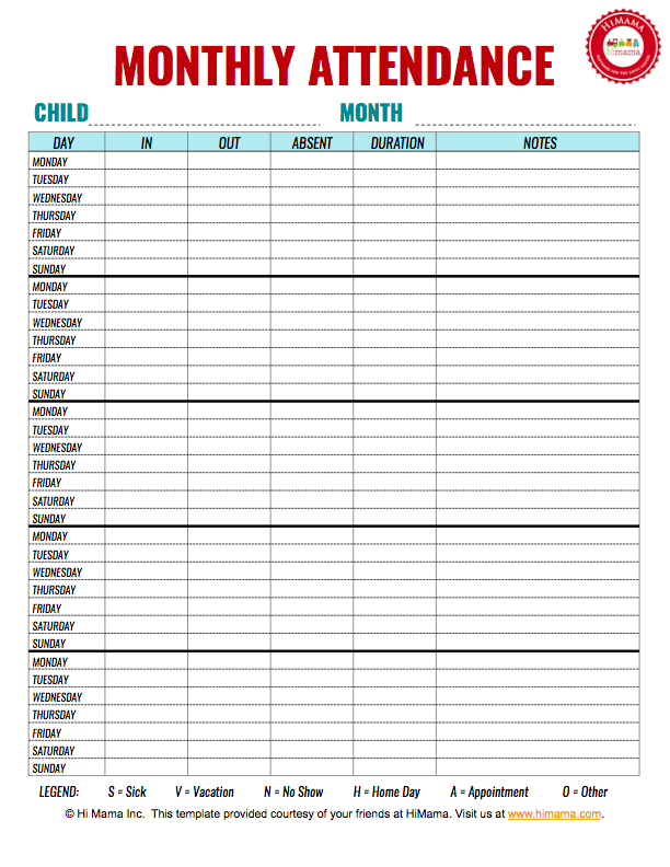 Free Childcare Sign In Sheet 6 Columns landscape | Templates at 