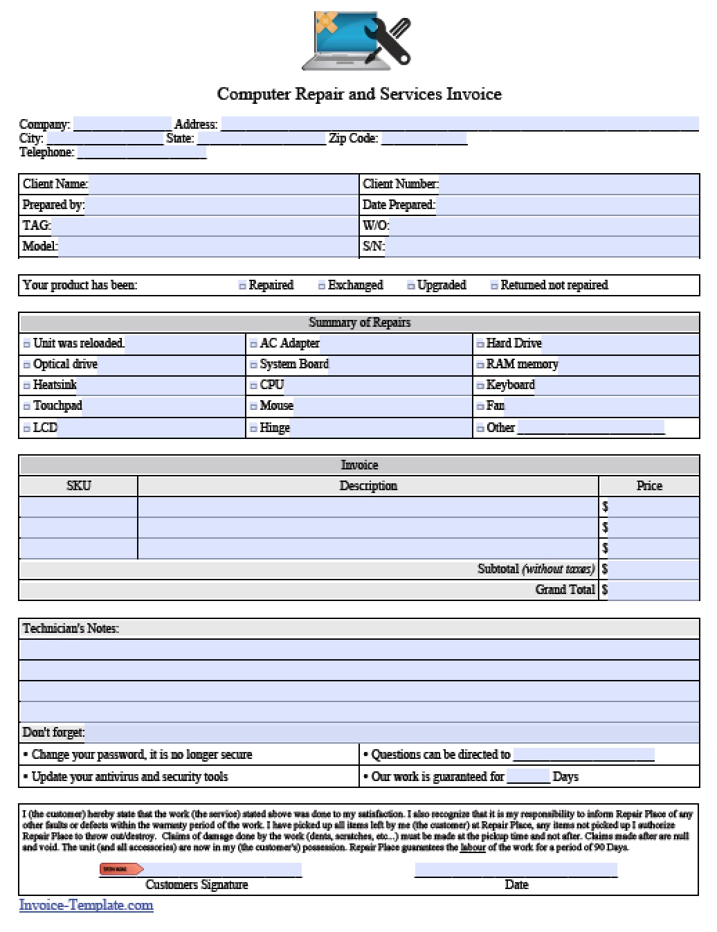 Free Computer Repair Service Invoice Template | Excel | PDF | Word 