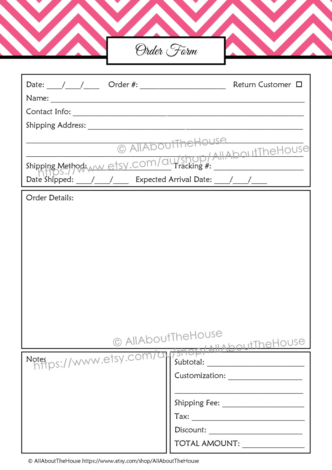 Order Form Custom Order Form Printable business planner