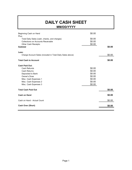 Daily Cash Sheet   Template & Sample Form | Biztree.com