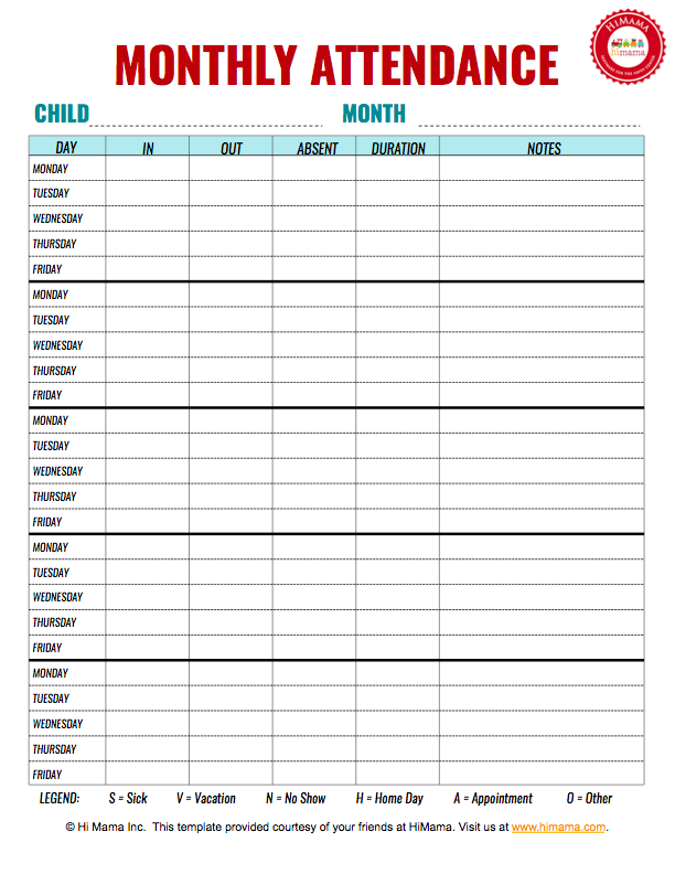 HiMama   Daycare Sign In Sheet Template: Child Care Attendance Form