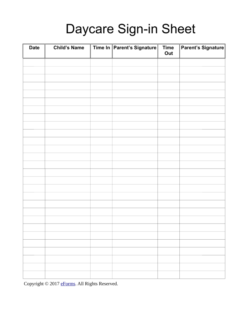 Daycare Sign in Sheet Template | eForms – Free Fillable Forms