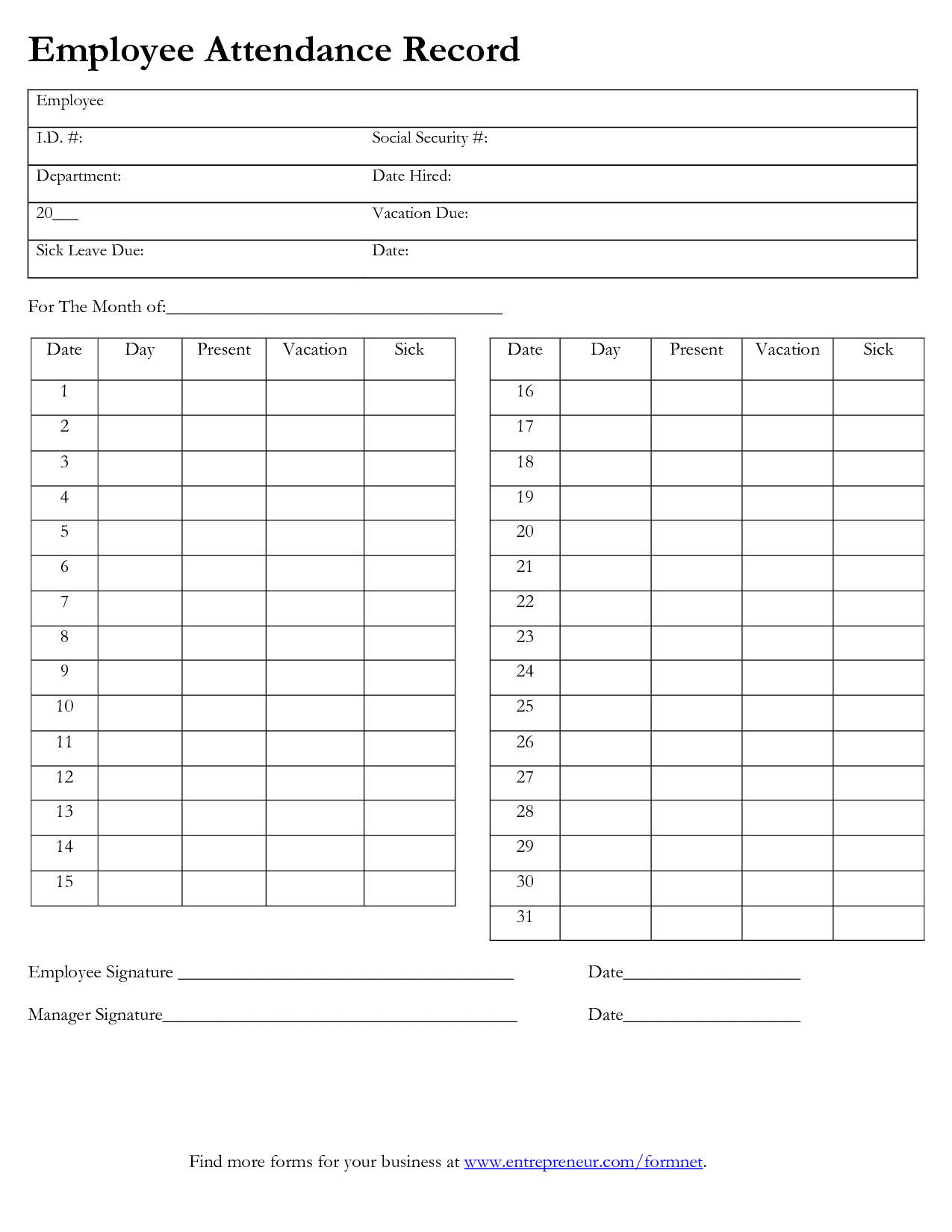 employee attendance record template   Gecce.tackletarts.co