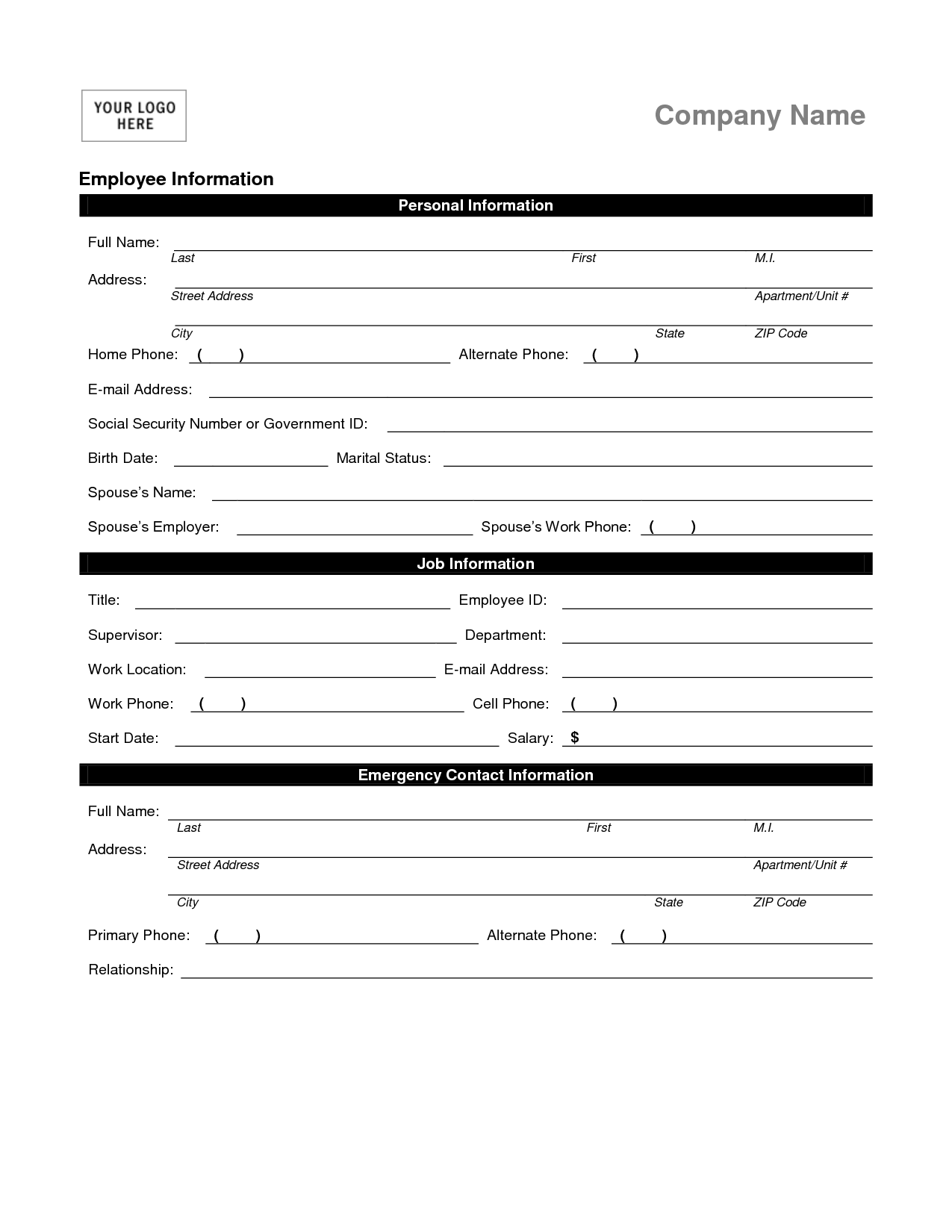 Employee Information Forms Templates | charlotte clergy ...