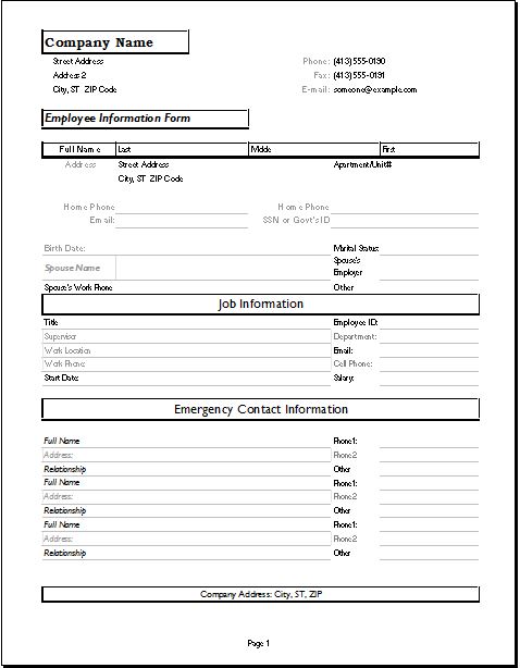 personal information form template word employee information 