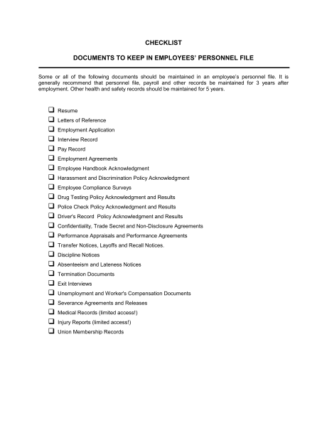 Checklist Personnel File   Template & Sample Form | Biztree.com