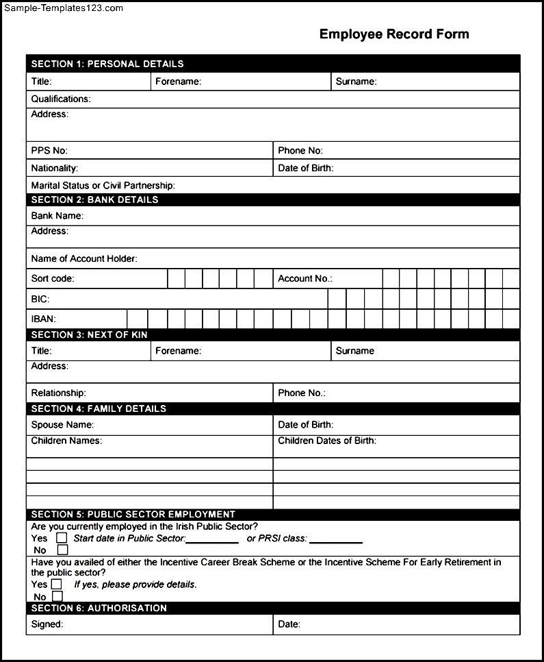 employee record form template employee records forms 