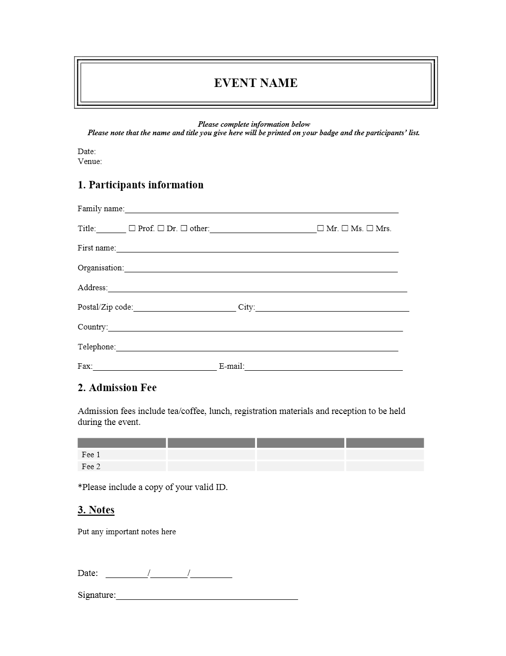 Entry Form Template