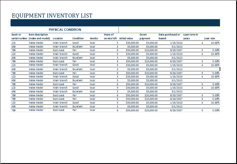 equipment inventory forms templates ms excel equipment inventory 