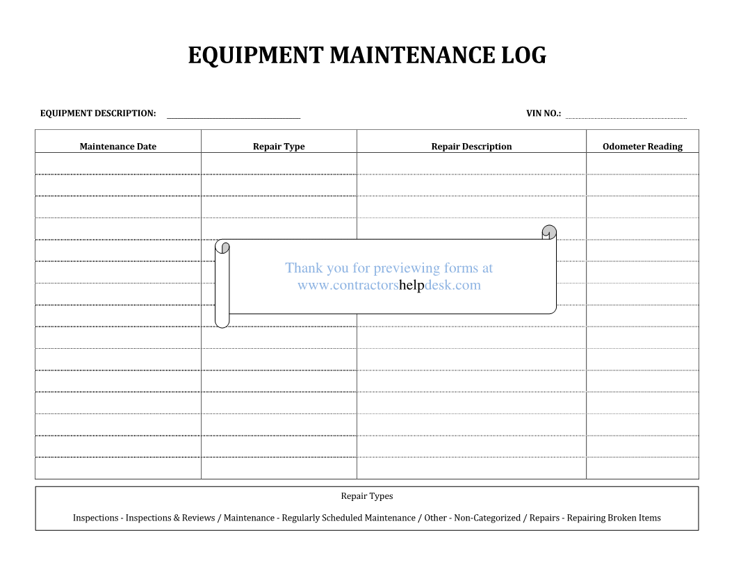 Equipment Maintenance Log Template 2 – invest wight