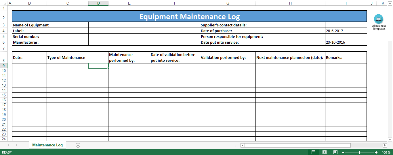 Equipment Maintenance Log Template Excel Charlotte Clergy Coalition