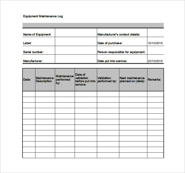 Outstanding Maintenance Log Template Sample For Equipment And 