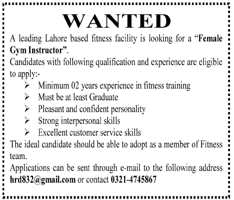 Female Gym Instructor Jobs in Lahore