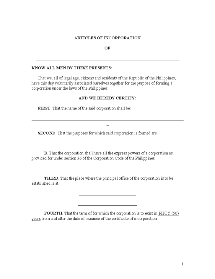 Articles of Incorporation Sample Free Download
