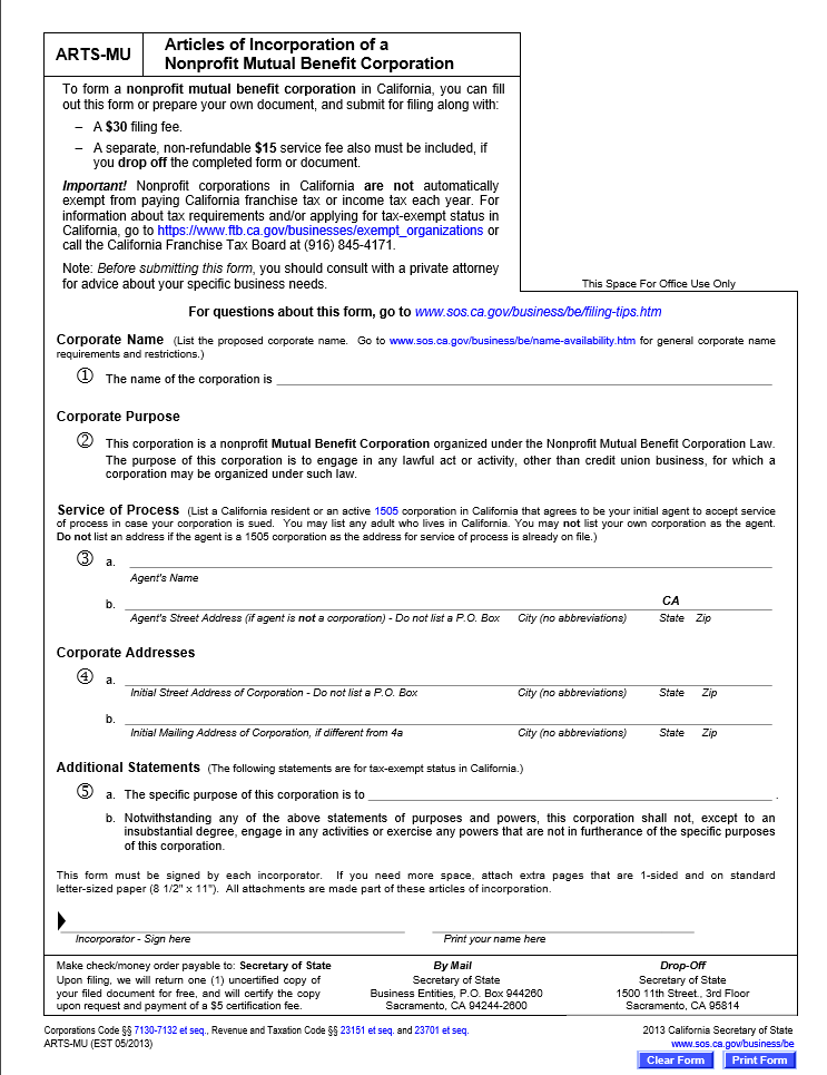 Free California Articles of Incorporation of a Nonprofit Mutual 