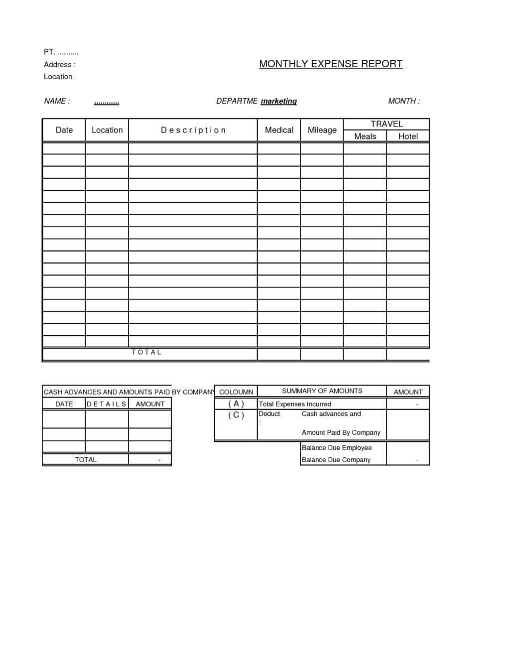 Free Expense Report Form Pdf And Pitt Travel And Business Expense 
