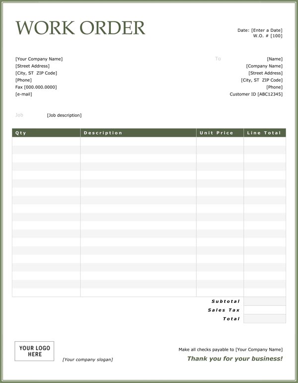 Generic Work Order Form Printable New Work Order Examples Vrogue