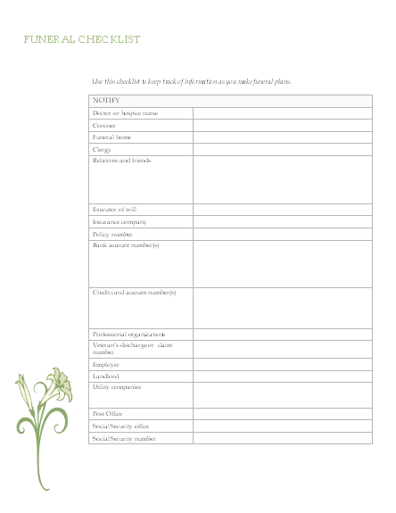 Funeral planning checklist