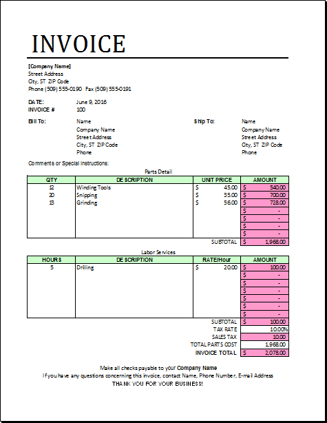 Parts And Labor Invoice Template Xls Excel Invoice Templates Parts 