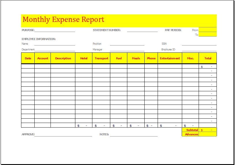 MS Excel Monthly Expense Report Template | Word & Excel Templates