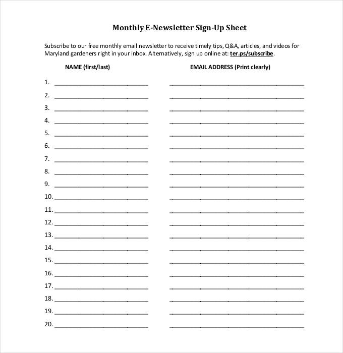 newsletter sign up sheet template   April.onthemarch.co